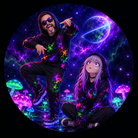 Cp3rap mid-dance pointing at the camera, and Pulse sitting cross-legged gazing up at a glowing planet.