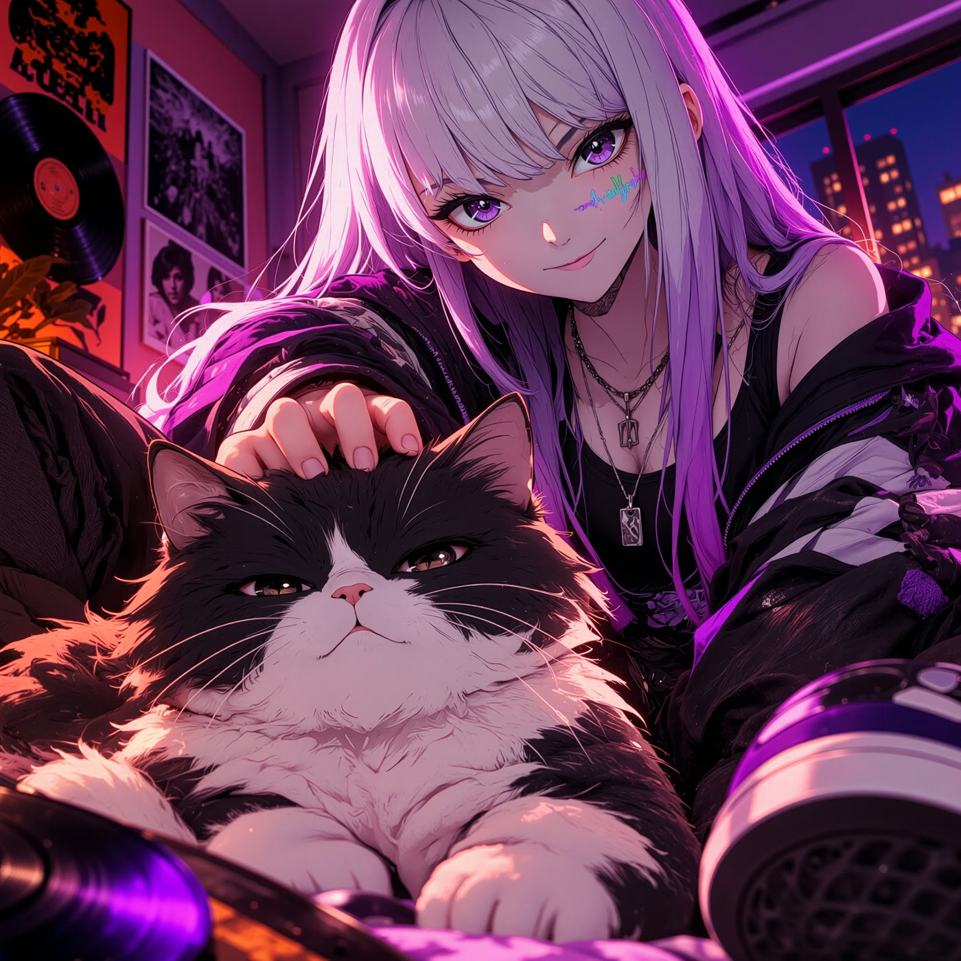 Cover art for 3 a.m.: Pulse lying on a bed at night petting a large black-and-white cat, a record player in the foreground and a lit city outside the window.